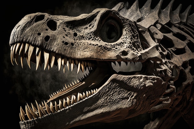 Primo piano del cranio di dinosauro con i suoi enormi denti e mascelle in piena vista