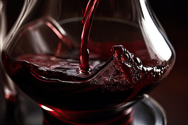 Primo piano del decanter con fuoriuscita di vino rosso