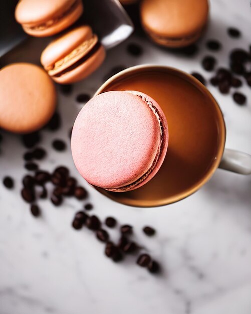 Primo piano del dessert colorato dei macarons realizzato con l'intelligenza artificiale generativa