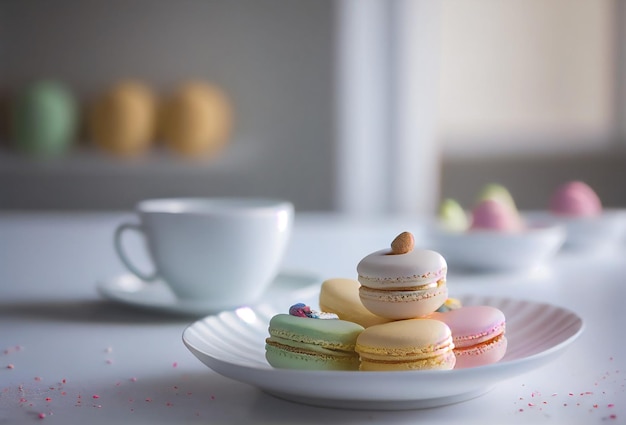 Primo piano del dessert dolce variopinto dei macarons con la tazza di caffè Generative AI