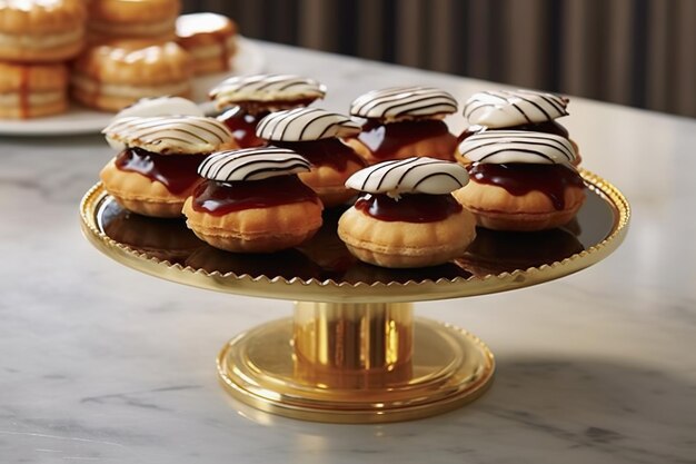 Primo piano del dessert francese Un'elegante esposizione su un supporto per dessert a più livelli