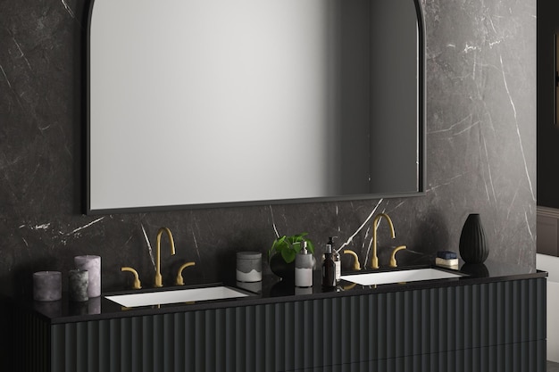 Primo piano del doppio lavabo con parete ovale in marmo di lusso con rendering 3d del piano di lavoro nero