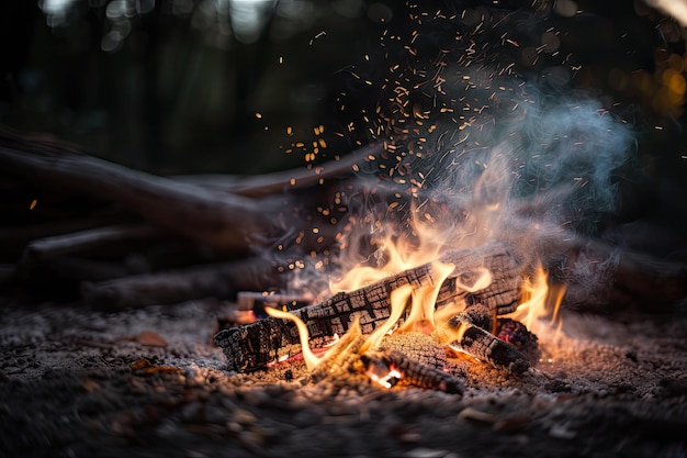 Primo piano del falò con scintille e fiamme tremolanti