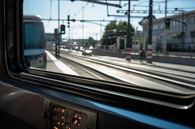 Primo piano del finestrino dell'auto con vista del segnale di attraversamento e del treno sullo sfondo