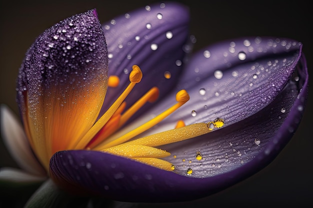 Primo piano del fiore del croco con gocce di rugiada sui petali creati con ai generativo