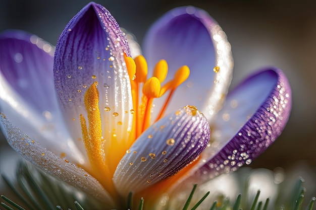 Primo piano del fiore di croco in piena fioritura con petali rugiadosi e fiori aperti