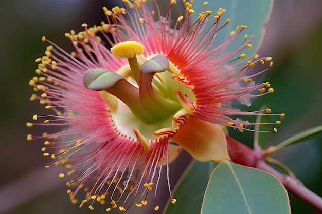 Primo piano del fiore di eucalipto con i suoi delicati petali e colori vivaci in piena vista