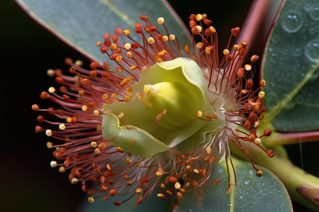 Primo piano del fiore di eucalipto con la sua consistenza vellutata e dettagli intricati visibili