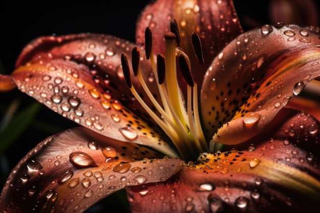 Primo piano del fiore di giglio con goccioline d'acqua sui petali creati con ai generativa