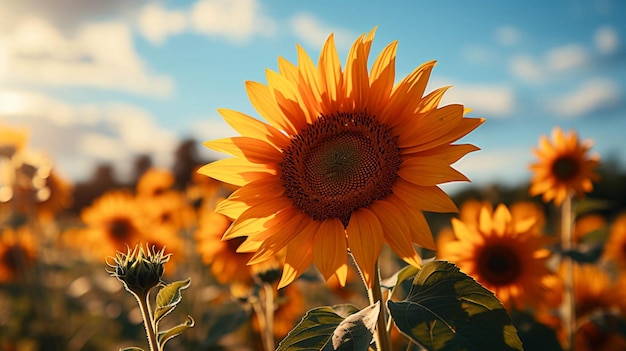 primo piano del fiore di girasole con effetto luce solare sul lato del fiore