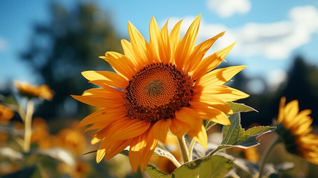 primo piano del fiore di girasole con effetto luce solare sul lato del fiore