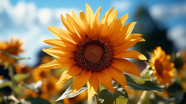 primo piano del fiore di girasole con effetto luce solare sul lato del fiore