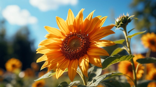 primo piano del fiore di girasole con effetto luce solare sul lato del fiore