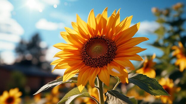 primo piano del fiore di girasole con effetto luce solare sul lato del fiore