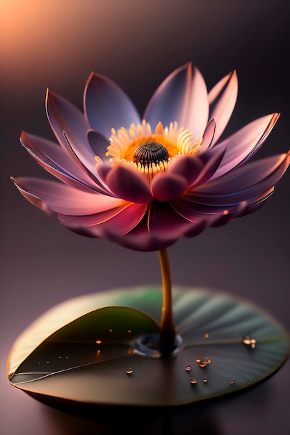 Primo piano del fiore di loto con piccole gocce di pioggia su una superficie riflettente Generative AI_22