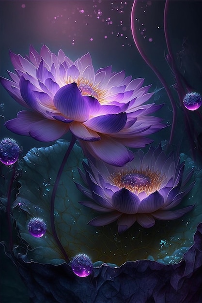 Primo piano del fiore di loto viola sullo stagno con waterdrop Creato con la tecnologia generativa AI