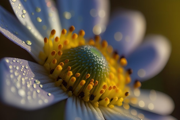 Primo piano del fiore di prato con goccia di rugiada sui petali