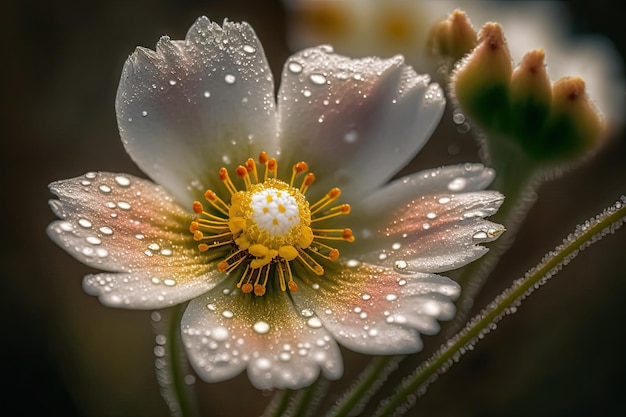 Primo piano del fiore di prato in fiore con gocce di rugiada visibili