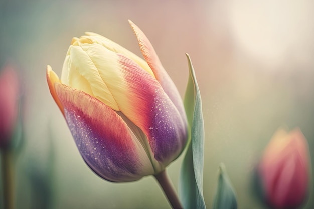 Primo piano del fiore di tulipano in primavera su sfondo pastello con copia spazio per il testo