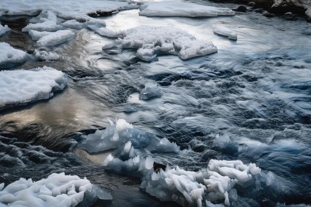 Primo piano del fiume con superficie ghiacciata e acqua corrente visibile