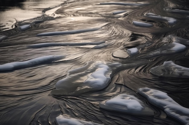 Primo piano del fiume ghiacciato con increspature e crepe nel ghiaccio