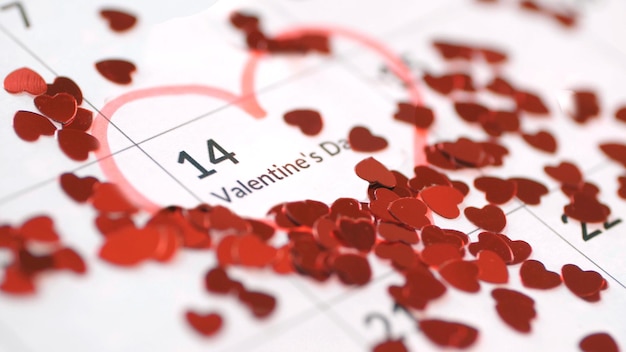 Primo piano del foglio del calendario con la data del 14 febbraio con bellissimi cuori di carta rossa San Valentino