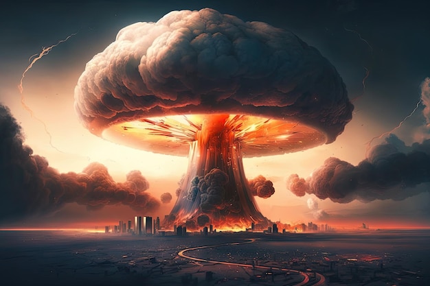 Primo piano del fungo atomico con vista della città in fiamme sullo sfondo