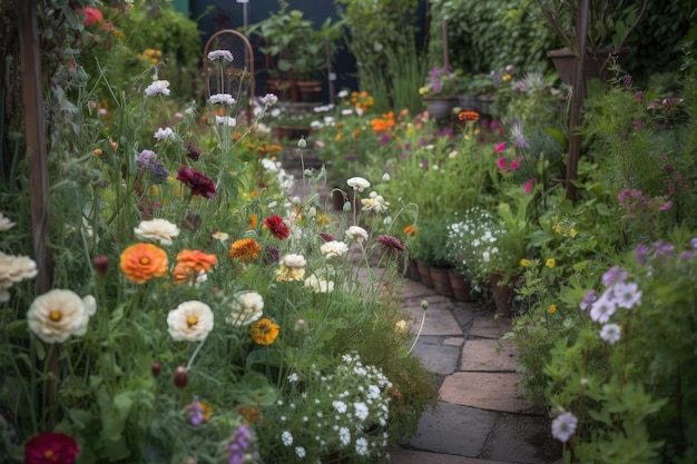 Primo piano del giardino con delicate fioriture e verde in primo piano creato con intelligenza artificiale generativa