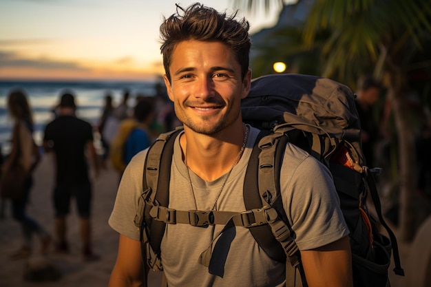 Primo piano del giovane sorridente con lo zaino sulla bella spiaggia al tramonto