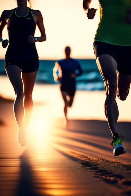 Primo piano del gruppo di corridori delle gambe che corre sul mare all'alba