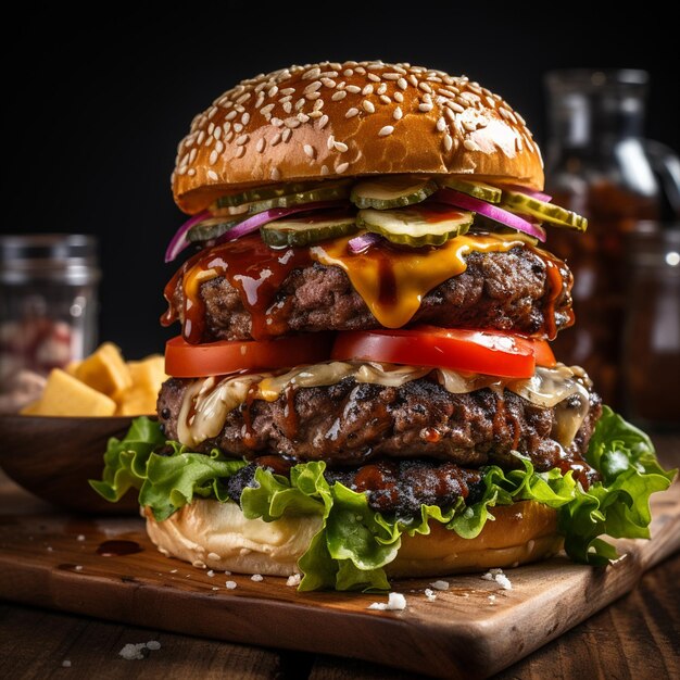 Primo piano del gustoso hamburger fatto in casa sulla tavola di legno