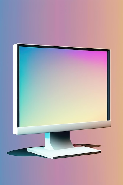 Primo piano del monitor del computer con schermo vuoto e copia spazio su sfondo da blu ad arancione