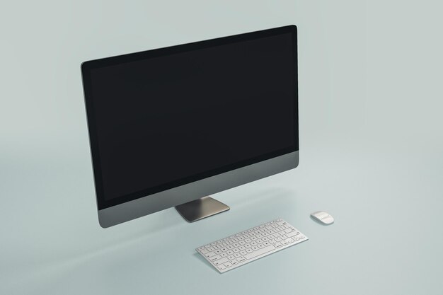 Primo piano del monitor di un computer vuoto su sfondo grigio Concetto di comunicazione e programmazione tecnologica Mock up rendering 3D