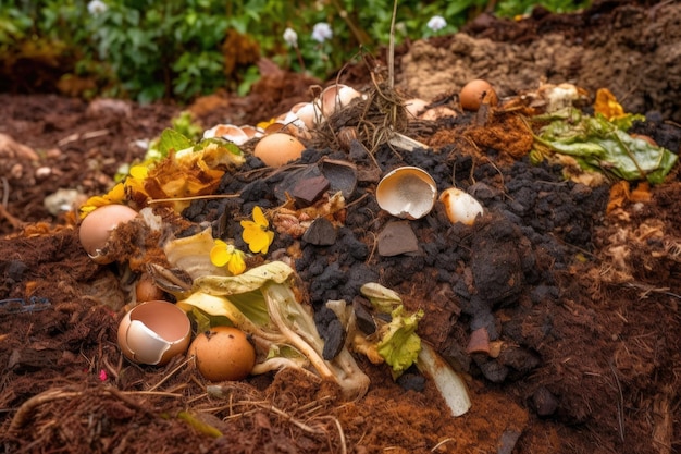 Primo piano del mucchio di composto ricco e terroso creato con ai generativo