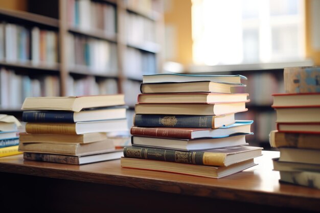 Primo piano del mucchio di libri da leggere sul tavolo nella biblioteca scolastica IA generativa