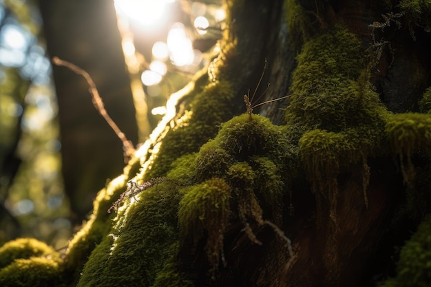 Primo piano del muschio che cresce sul tronco dell'albero con luce solare che filtra attraverso il baldacchino