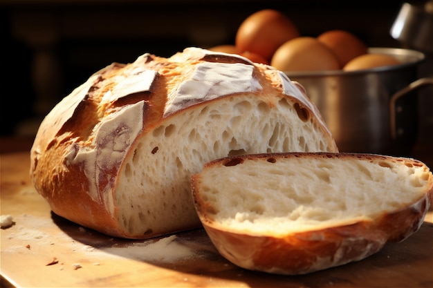 Primo piano del pane rotondo Pane appena sfornato con crosta dorata