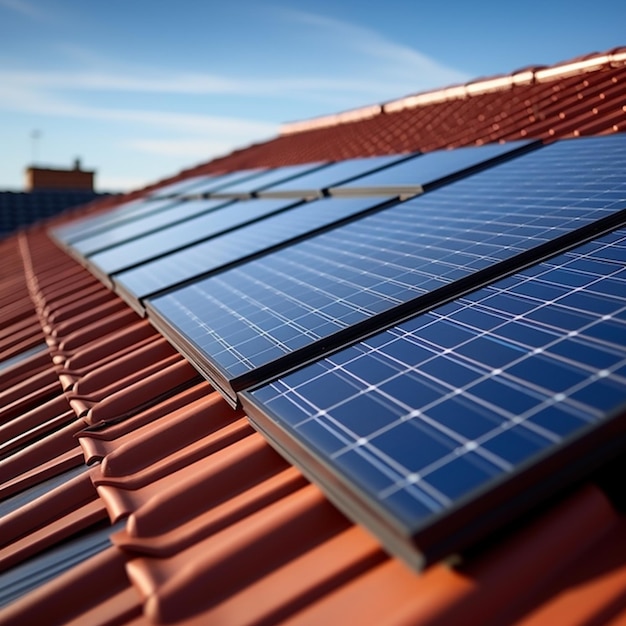 Primo piano del pannello solare in cima al tetto della casa IA generativa