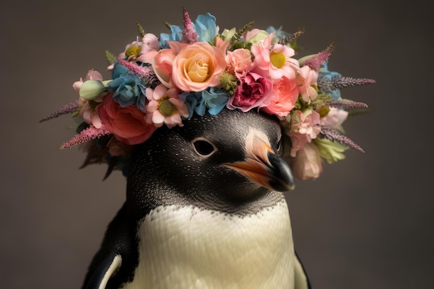 Primo piano del pinguino con corona di fiori su di lei