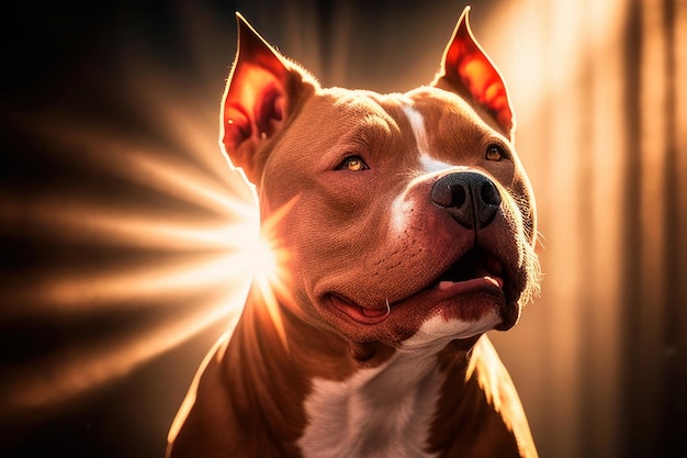 primo piano del pitbull con illuminazione sullo sfondo