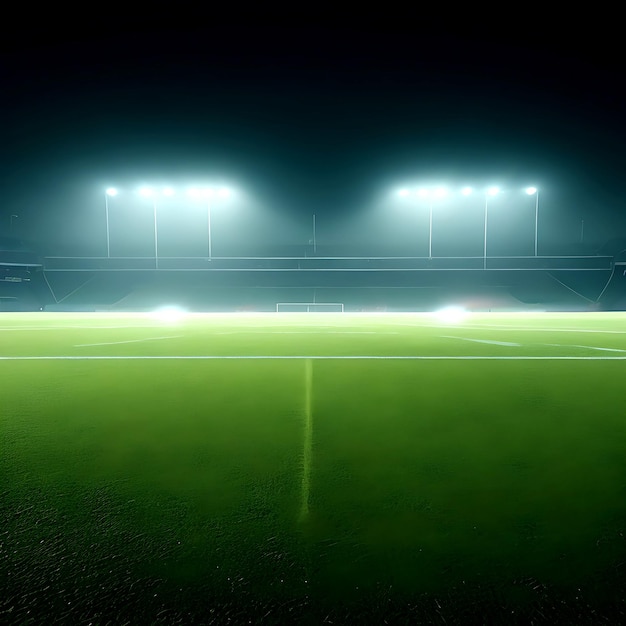 Primo piano del prato mantenuto allo stadio di calcio Vista bassa notturna con luce astratta ai generata