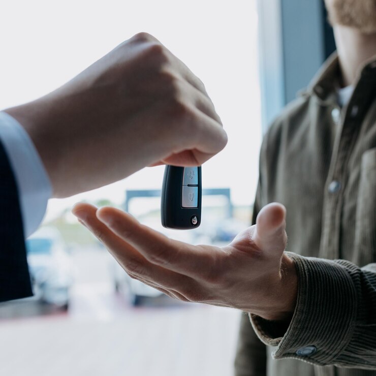 Primo piano del processo di consegna delle chiavi di una nuova auto