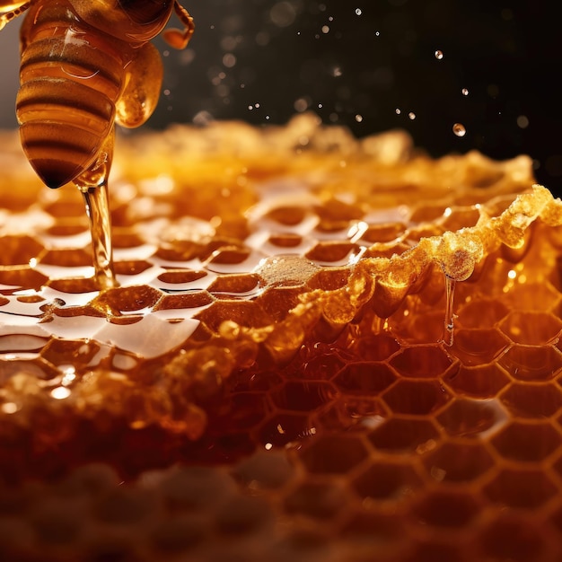 Primo piano del processo di estrazione del miele fresco dai favi delle api Generative ai