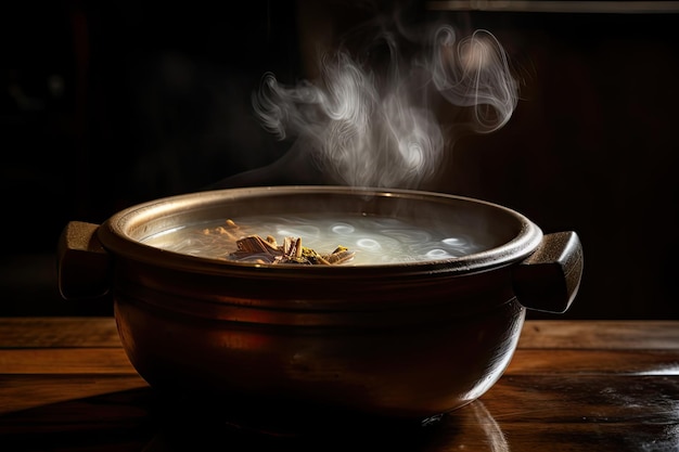 Primo piano del ricco brodo con il vapore che sale dalla ciotola calda creata con l'IA generativa