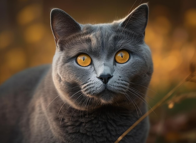 Primo piano del ritratto del gatto certosino creato con la tecnologia AI generativa