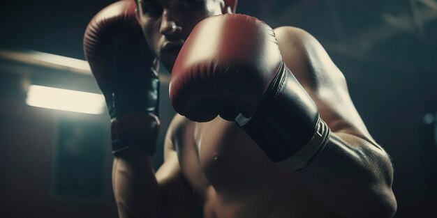Primo piano del sacco da boxe per l'allenamento di kickboxing dell'atleta maschile in palestra IA generativa