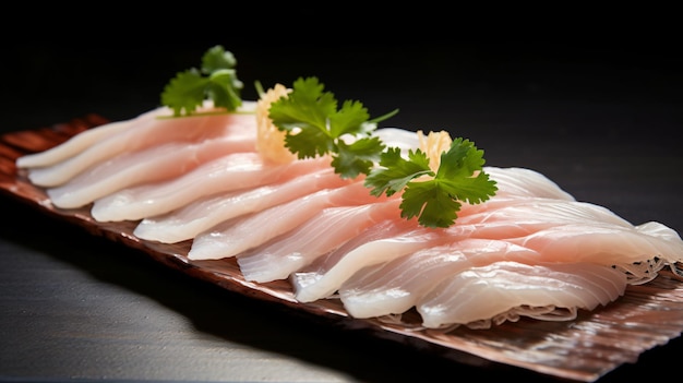 Primo piano del sashimi di passera hirame sapientemente affettato da uno chef di sushi