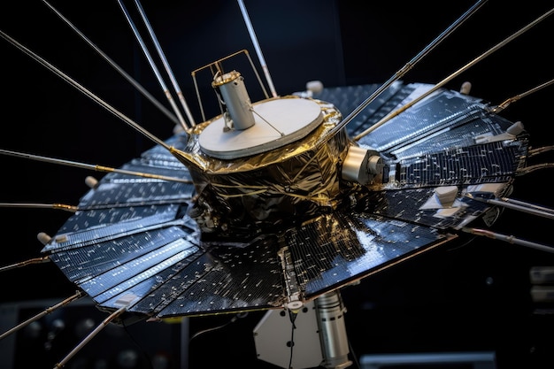 Primo piano del satellite con antenne e sensori visibili