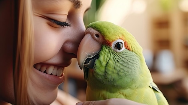 Primo piano del simpatico e simpatico parrocchetto monaco Il pappagallo verde quacchero è seduto sulla spalla della donna La donna sta accarezzando il pappagallo