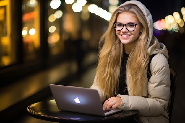 Primo piano del sorriso di una signora mentre lavora su un computer portatile